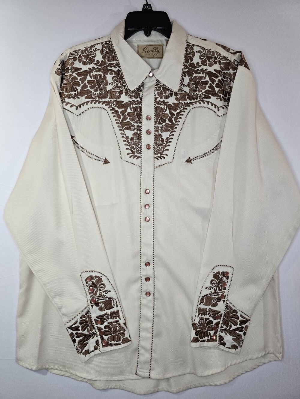 Scully Mens XL Floral Tooled Embroidered Western Pearl Snap Shirt Natural Tan